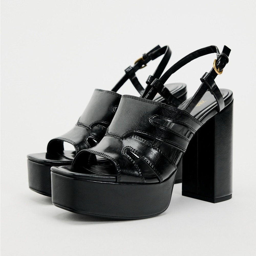 Zara Chunky Black Platform Sandals with Glossy Finish